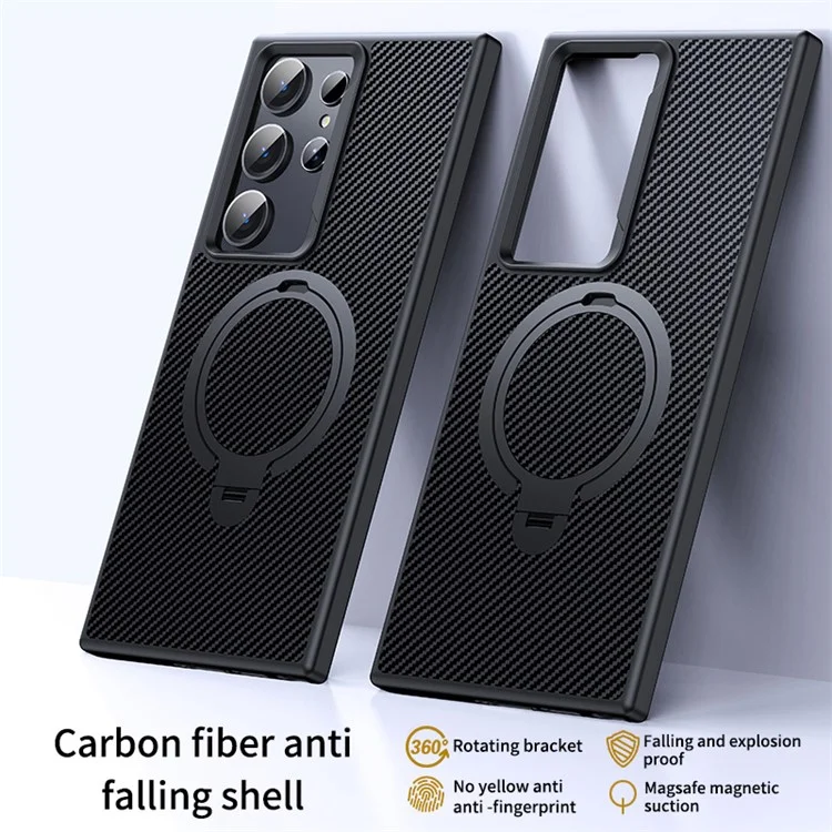 Funda compatible con Samsung Galaxy S23 Ultra con textura de fibra de carbono, soporte y protección PC+TPU - Negro