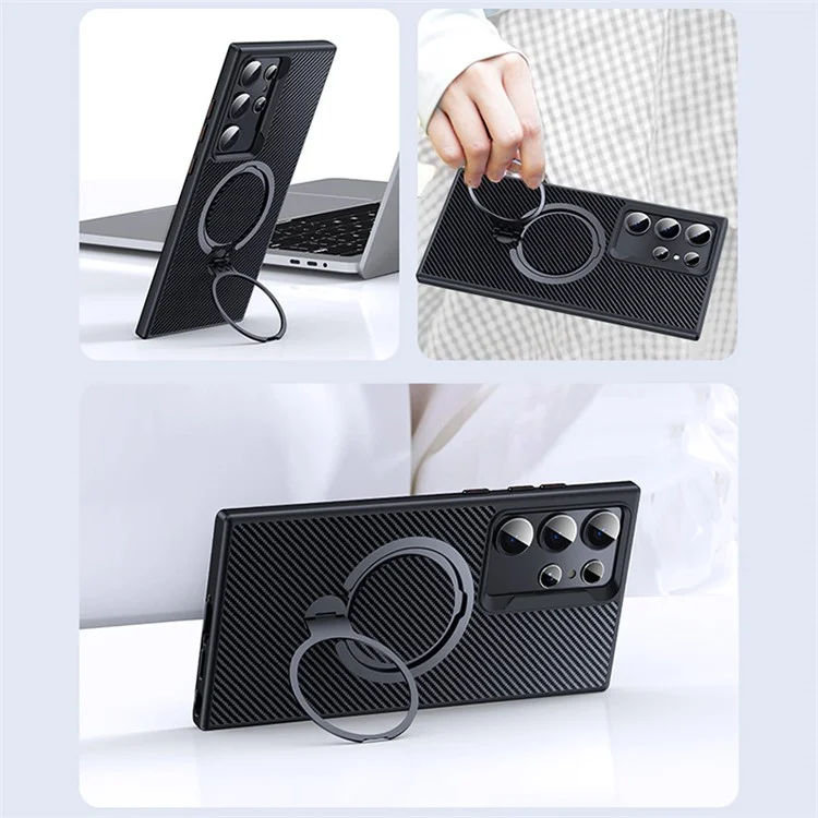 Funda compatible con Samsung Galaxy S23 Ultra con textura de fibra de carbono, soporte y protección PC+TPU - Negro
