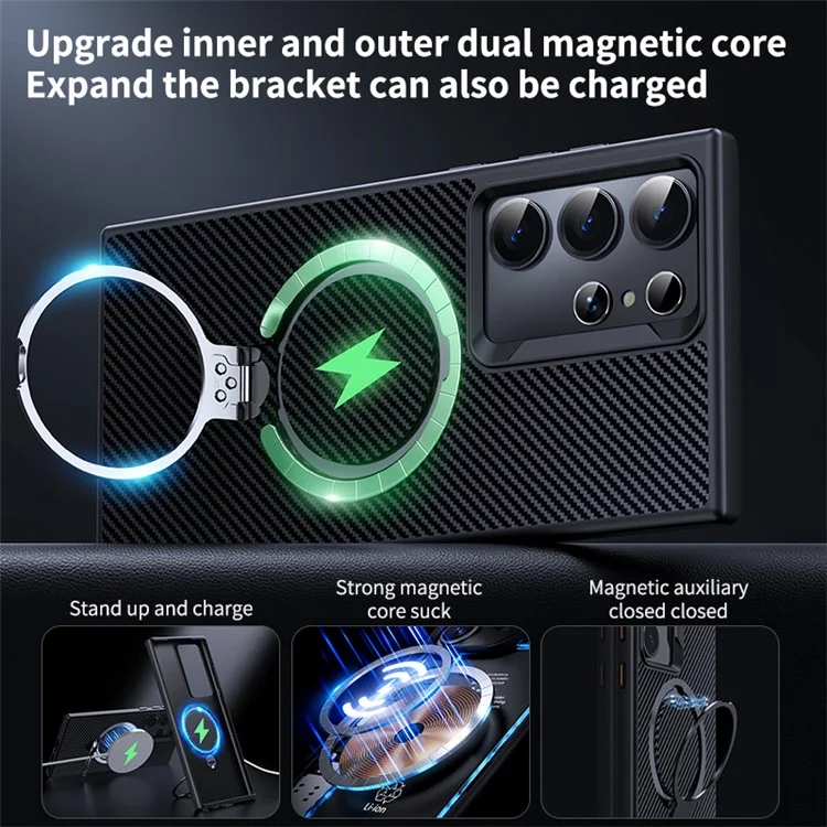 Funda compatible con Samsung Galaxy S23 Ultra con textura de fibra de carbono, soporte y protección PC+TPU - Negro