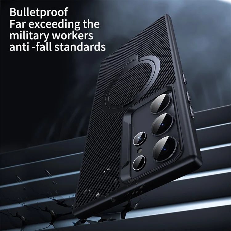 Funda compatible con Samsung Galaxy S23 Ultra con textura de fibra de carbono, soporte y protección PC+TPU - Negro