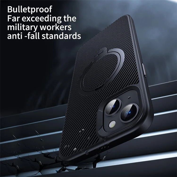 For iPhone 13 / 14 Magnetic Case with Kickstand Carbon Fiber Texture PC+TPU Phone Cover - Black