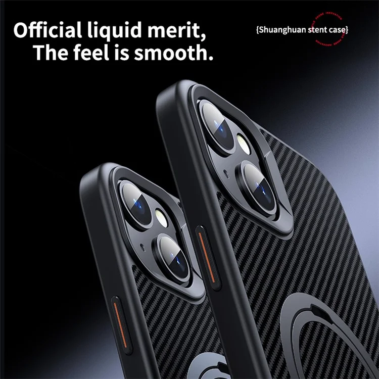 For iPhone 13 / 14 Magnetic Case with Kickstand Carbon Fiber Texture PC+TPU Phone Cover - Black