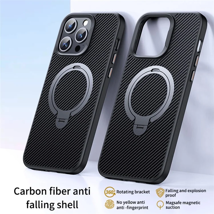 For iPhone 12 / 12 Pro Case Kickstand Protective Cover Carbon Fiber Texture Compatible with MagSafe - Grey