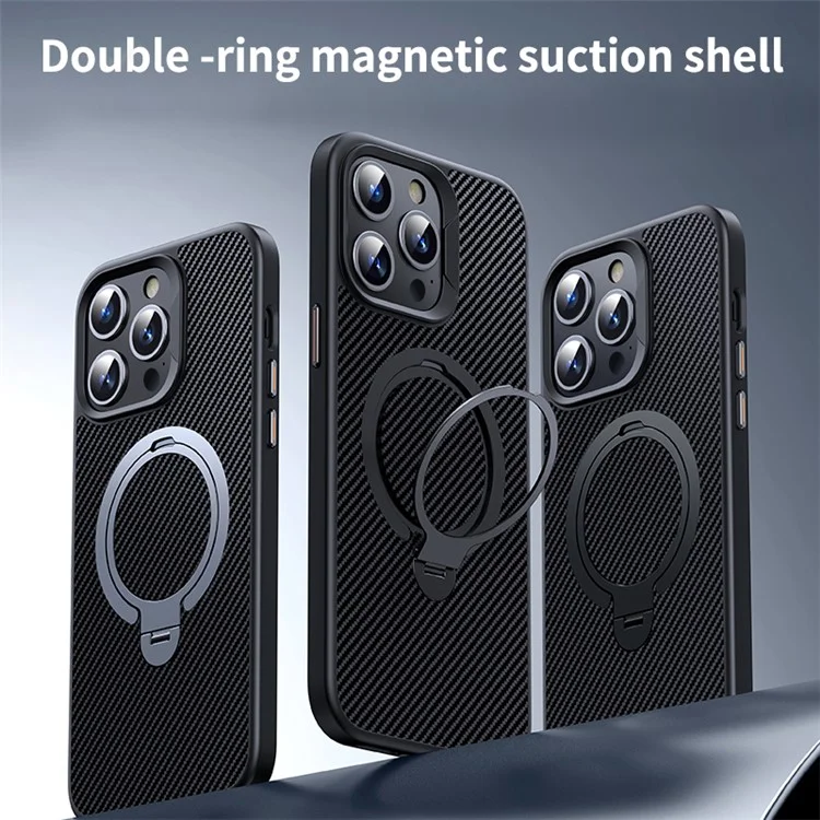 For iPhone 12 / 12 Pro Case Kickstand Protective Cover Carbon Fiber Texture Compatible with MagSafe - Grey