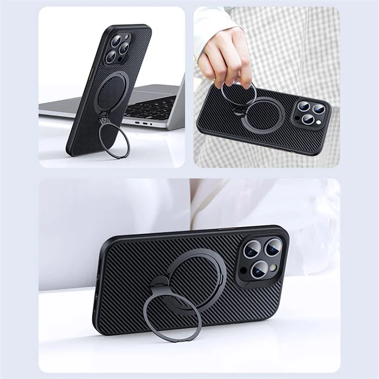 For iPhone 12 / 12 Pro Case Kickstand Protective Cover Carbon Fiber Texture Compatible with MagSafe - Grey