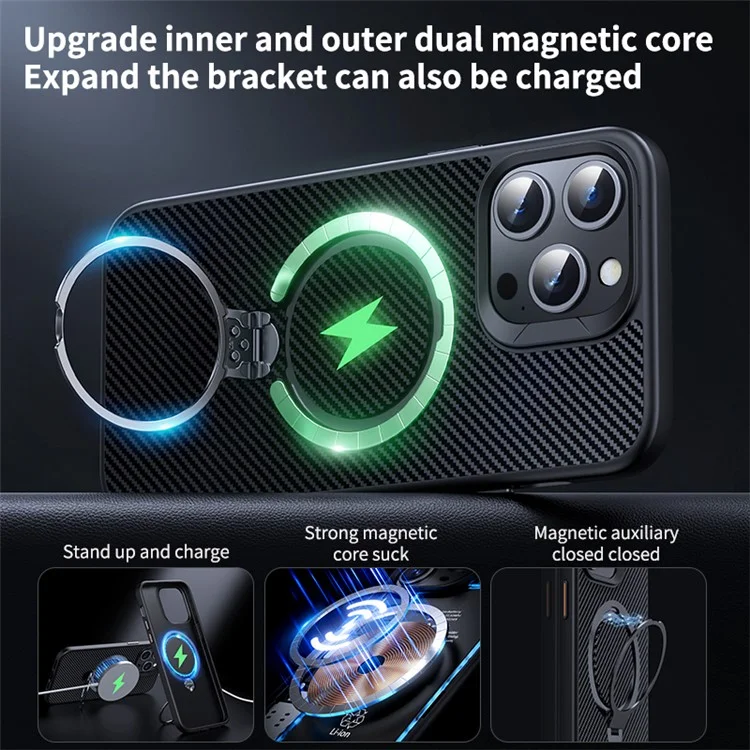 For iPhone 12 / 12 Pro Case Kickstand Protective Cover Carbon Fiber Texture Compatible with MagSafe - Grey