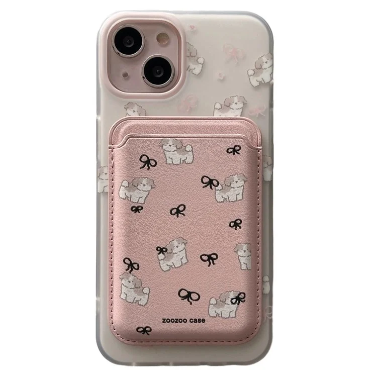 For iPhone 14 Case Dog Pattern IMD TPU Phone Cover with Pink Magnetic Card Bag