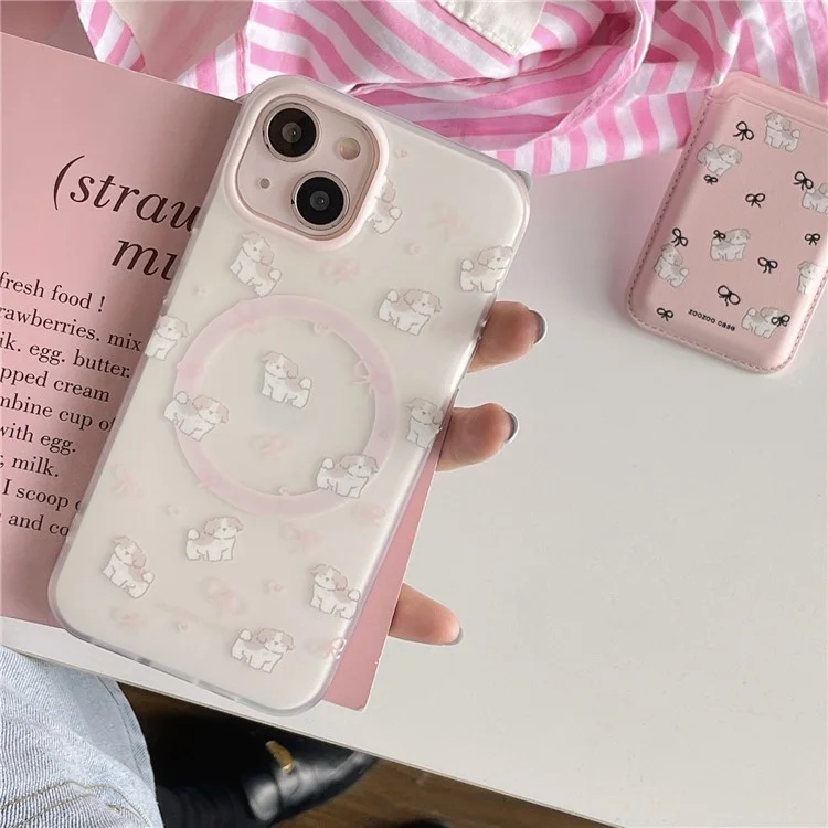 For iPhone 14 Case Dog Pattern IMD TPU Phone Cover with Pink Magnetic Card Bag