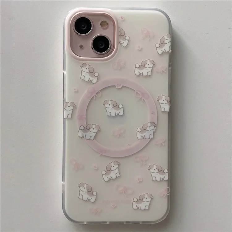For iPhone 14 Case Dog Pattern IMD TPU Phone Cover with Pink Magnetic Card Bag