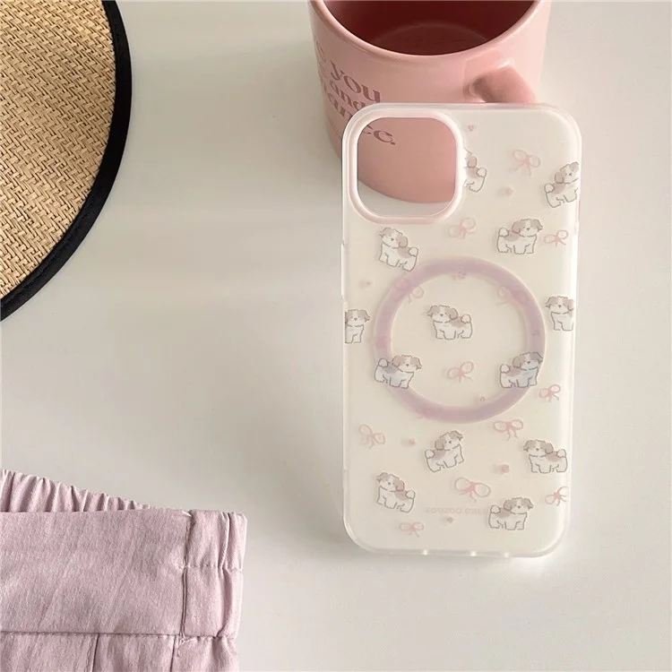 For iPhone 14 Case Dog Pattern IMD TPU Phone Cover with Pink Magnetic Card Bag