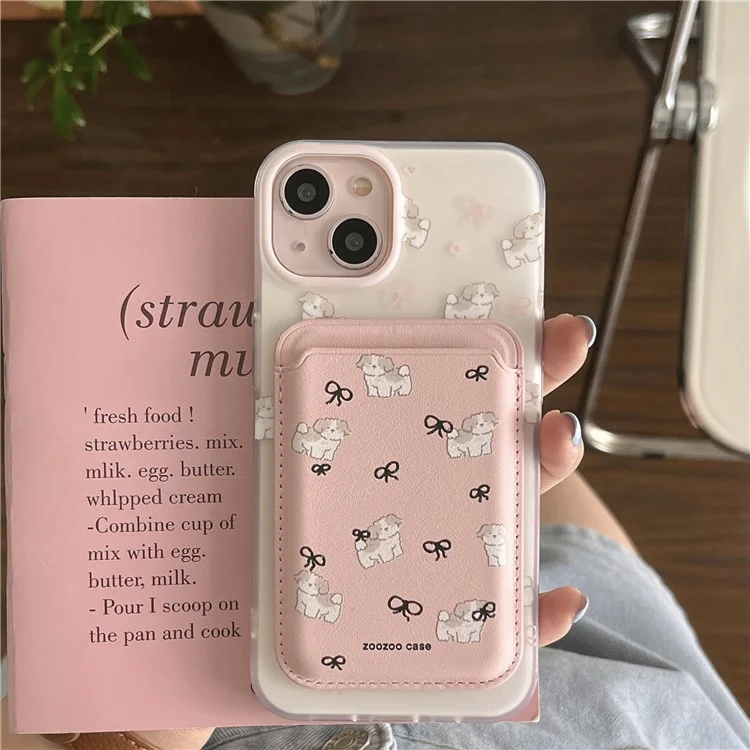 For iPhone 14 Case Dog Pattern IMD TPU Phone Cover with Pink Magnetic Card Bag