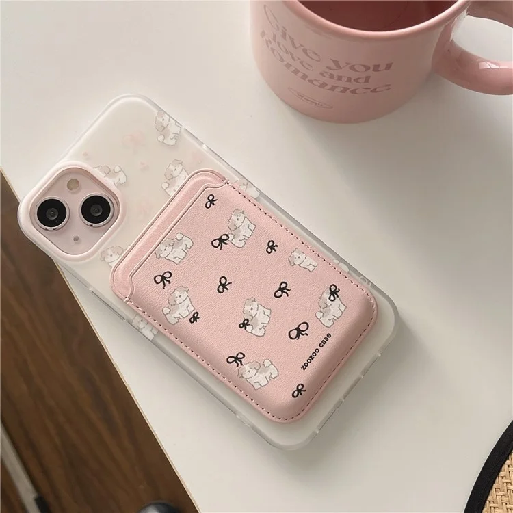For iPhone 14 Case Dog Pattern IMD TPU Phone Cover with Pink Magnetic Card Bag
