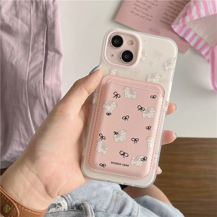 For iPhone 14 Case Dog Pattern IMD TPU Phone Cover with Pink Magnetic Card Bag
