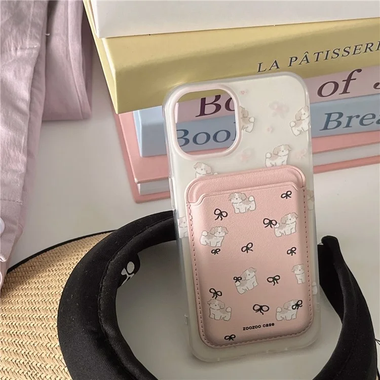 For iPhone 14 Case Dog Pattern IMD TPU Phone Cover with Pink Magnetic Card Bag