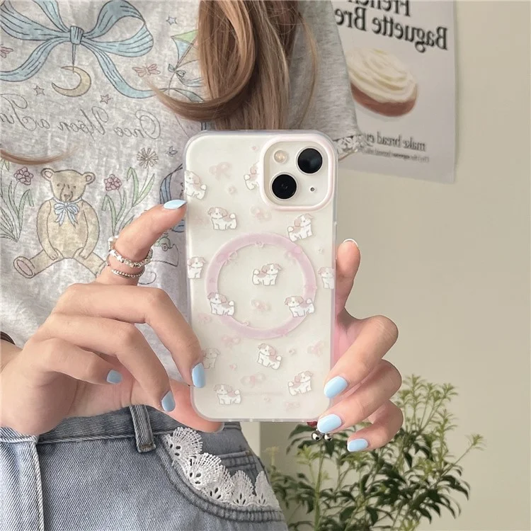 For iPhone 14 Case Dog Pattern IMD TPU Phone Cover with Pink Magnetic Card Bag