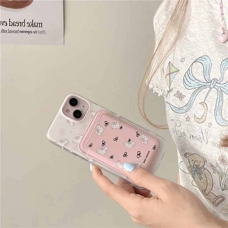 For iPhone 14 Case Dog Pattern IMD TPU Phone Cover with Pink Magnetic Card Bag