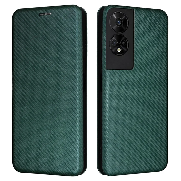 For TCL 50 5G Leather Case Carbon Fiber Texture Stand Magnetic Closing Phone Cover - Green