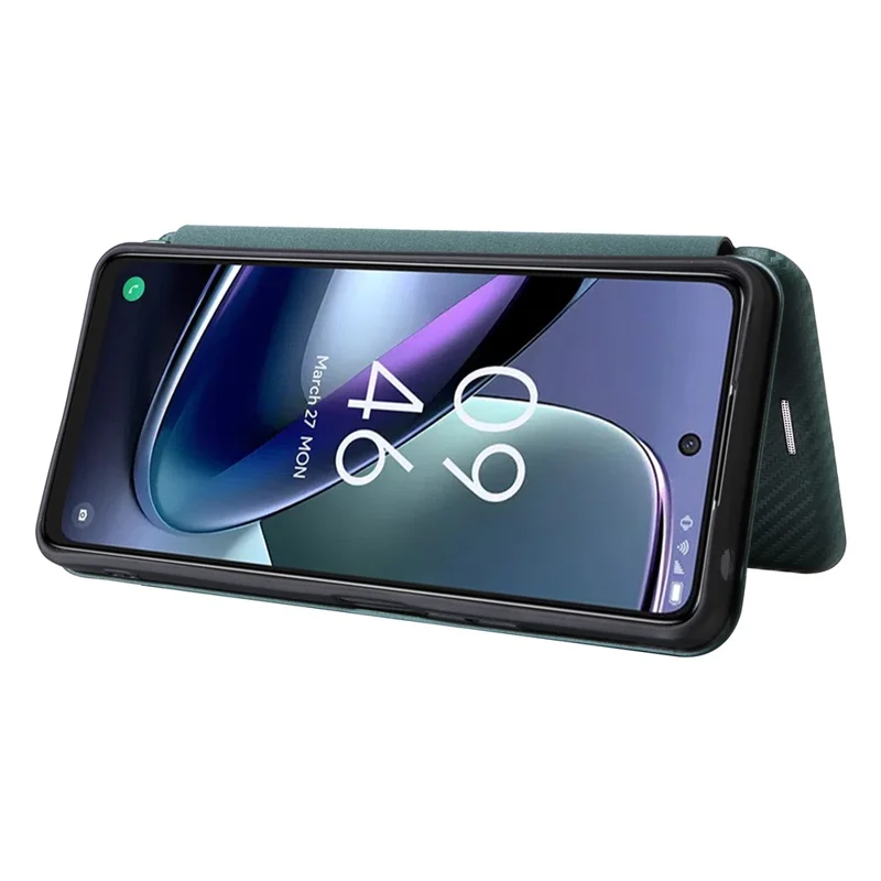 For TCL 50 5G Leather Case Carbon Fiber Texture Stand Magnetic Closing Phone Cover - Green