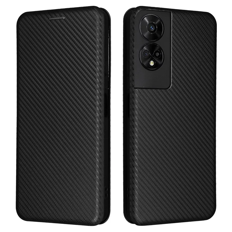 For TCL 50 5G Leather Case Carbon Fiber Texture Stand Magnetic Closing Phone Cover - Black