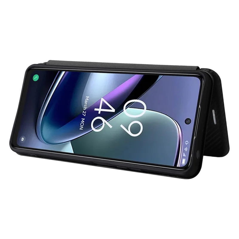 For TCL 50 5G Leather Case Carbon Fiber Texture Stand Magnetic Closing Phone Cover - Black