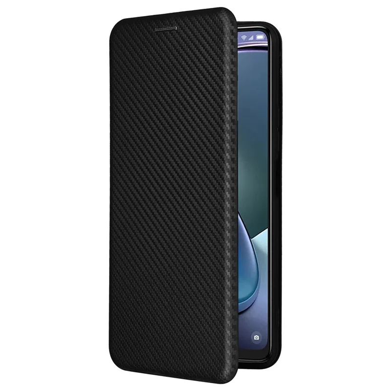 For TCL 50 5G Leather Case Carbon Fiber Texture Stand Magnetic Closing Phone Cover - Black