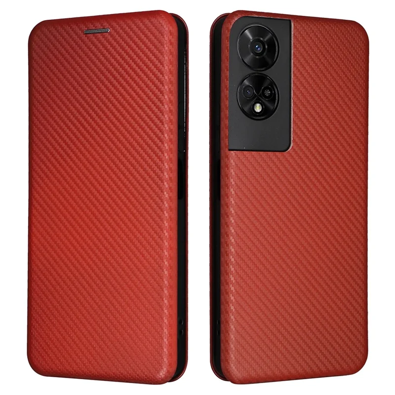 Para Capa de Telefone TCL 50 5G de Couro com Textura de Fibra de Carbono e Fecho Magnético - Marrom