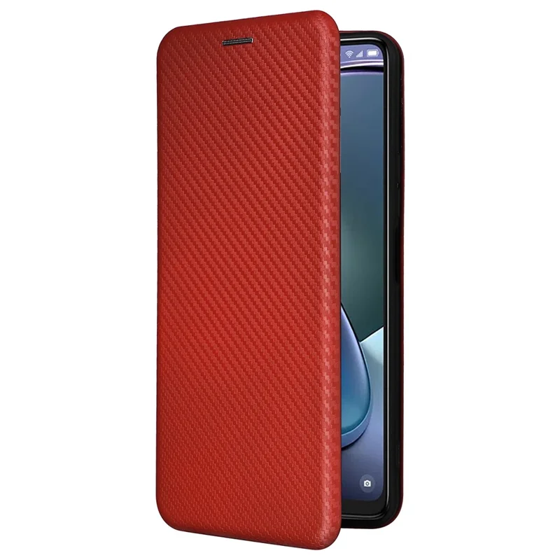 Para Capa de Telefone TCL 50 5G de Couro com Textura de Fibra de Carbono e Fecho Magnético - Marrom