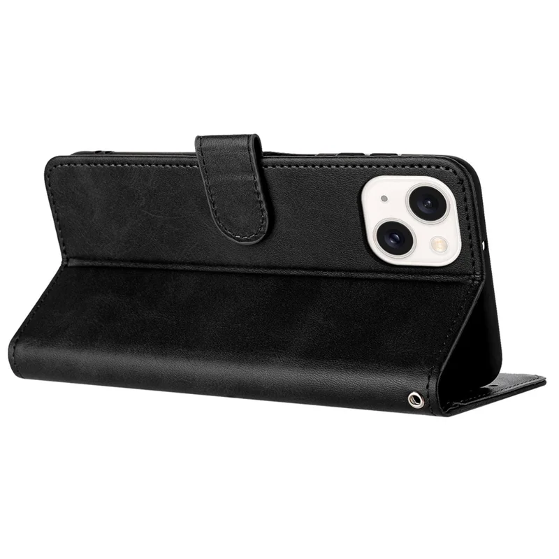 For iPhone 14 Plus / 15 Plus Drop-proof Case Calf Texture PU Leather Stand Phone Cover - Black