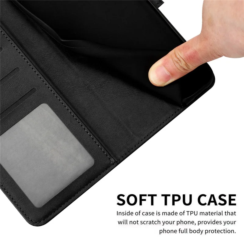For iPhone 14 Plus / 15 Plus Drop-proof Case Calf Texture PU Leather Stand Phone Cover - Black