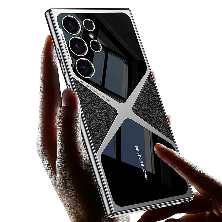 GKK Pour Samsung Galaxy S23 Ultra Case Electroplating PU Cuir+PC Anti-Drop Phone Cover - Titane Noir