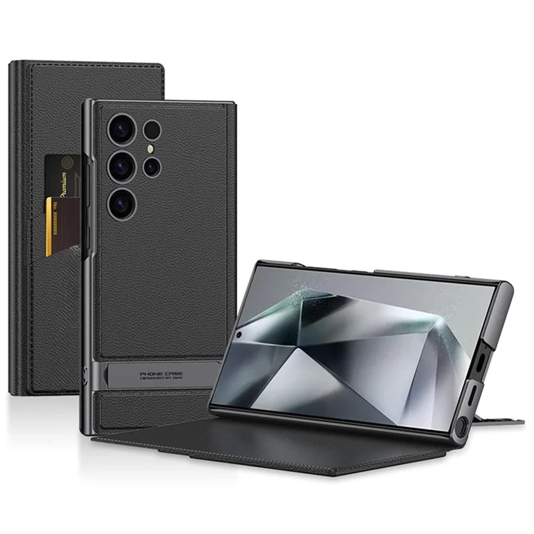 GKK For Samsung Galaxy S24 Ultra Phone Case Hidden Kickstand Leather Flip Cover with Card Holder - Black
