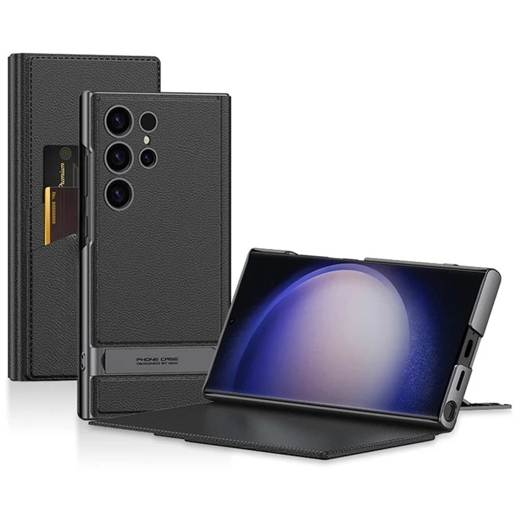GKK For Samsung Galaxy S23 Ultra Leather Flip Case with Card Holder+Hidden Kickstand - Black