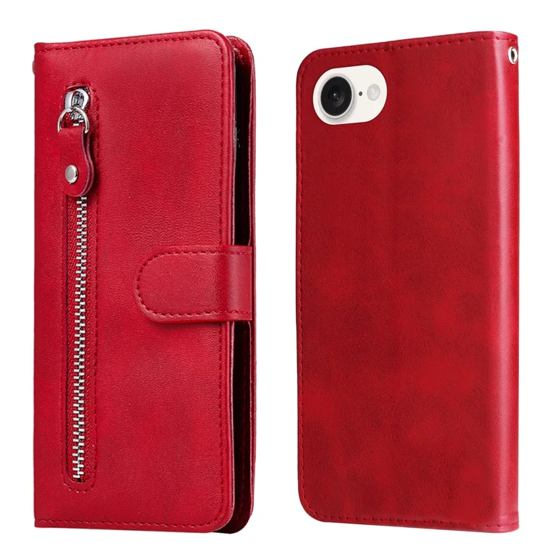 For iPhone 17e / 16e Wallet Case Zipper Pocket Leather Phone Cover   - Red