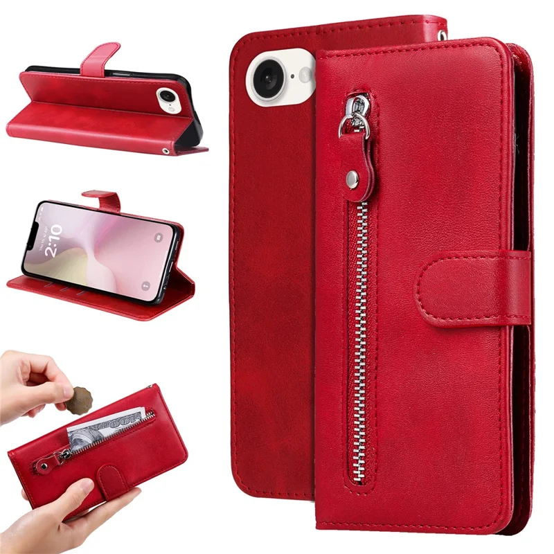 For iPhone 17e / 16e Wallet Case Zipper Pocket Leather Phone Cover   - Red