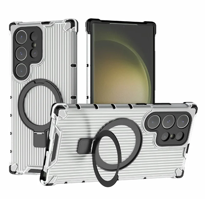 For Samsung Galaxy S24 Ultra Case with Magnetic Ring Holder Stripe Design PC+TPU Back Cover - Transparent