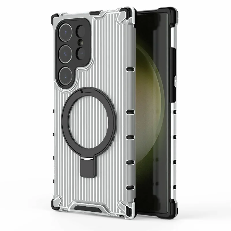 For Samsung Galaxy S24 Ultra Case with Magnetic Ring Holder Stripe Design PC+TPU Back Cover - Transparent