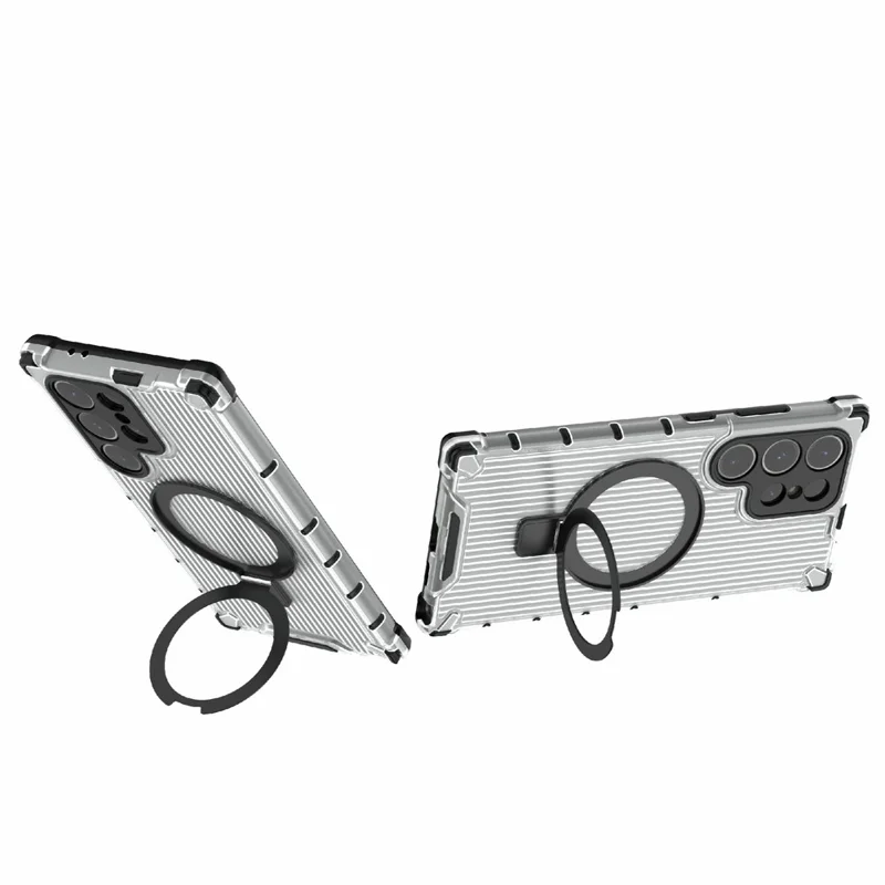 For Samsung Galaxy S24 Ultra Case with Magnetic Ring Holder Stripe Design PC+TPU Back Cover - Transparent