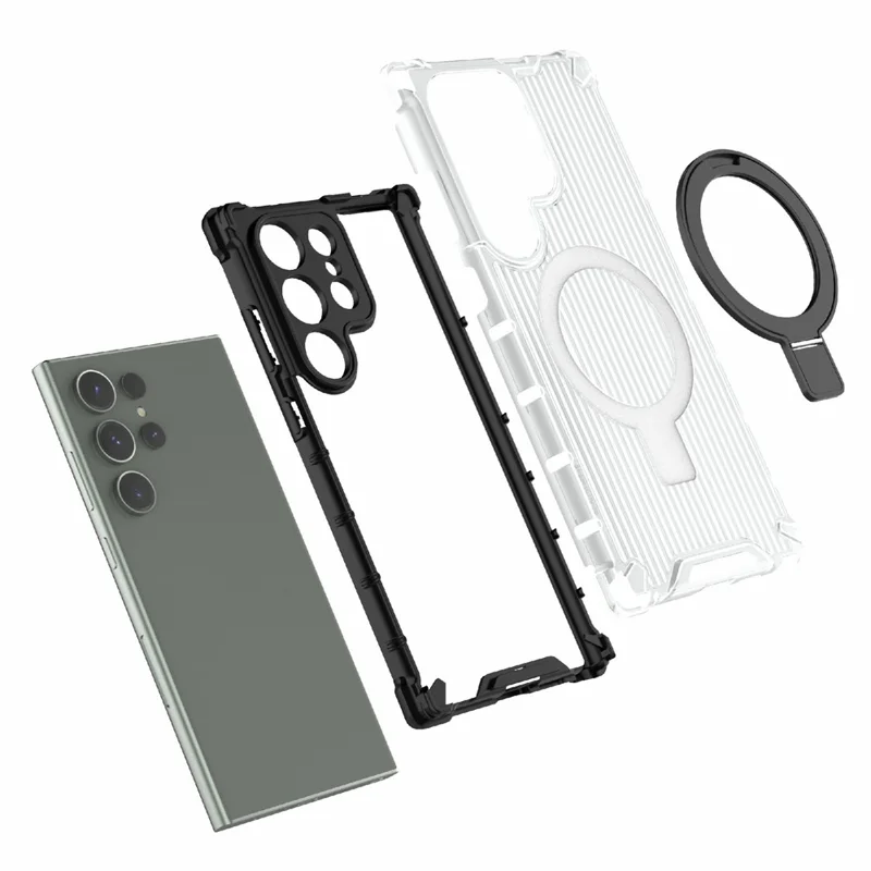 For Samsung Galaxy S24 Ultra Case with Magnetic Ring Holder Stripe Design PC+TPU Back Cover - Transparent