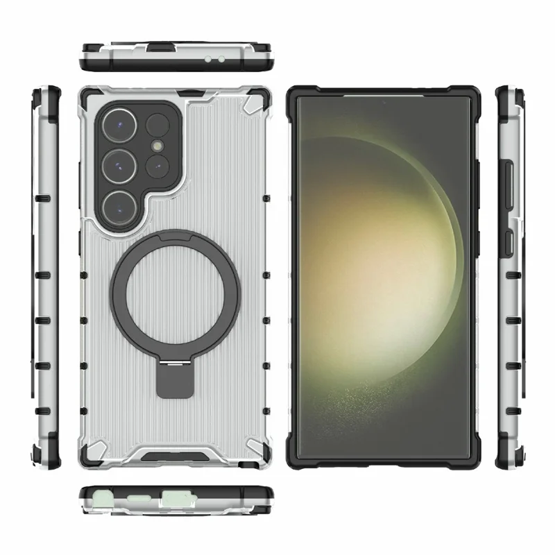 For Samsung Galaxy S24 Ultra Case with Magnetic Ring Holder Stripe Design PC+TPU Back Cover - Transparent