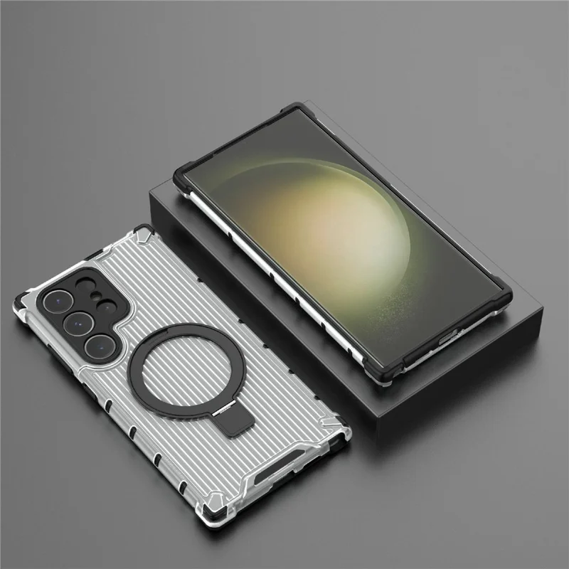 For Samsung Galaxy S24 Ultra Case with Magnetic Ring Holder Stripe Design PC+TPU Back Cover - Transparent