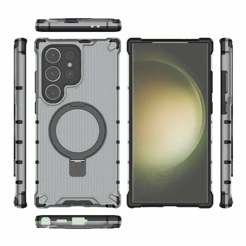 Funda para Samsung Galaxy S24 Ultra con soporte magnético para anillo, diseño de rayas, cubierta trasera de PC + TPU - Gris