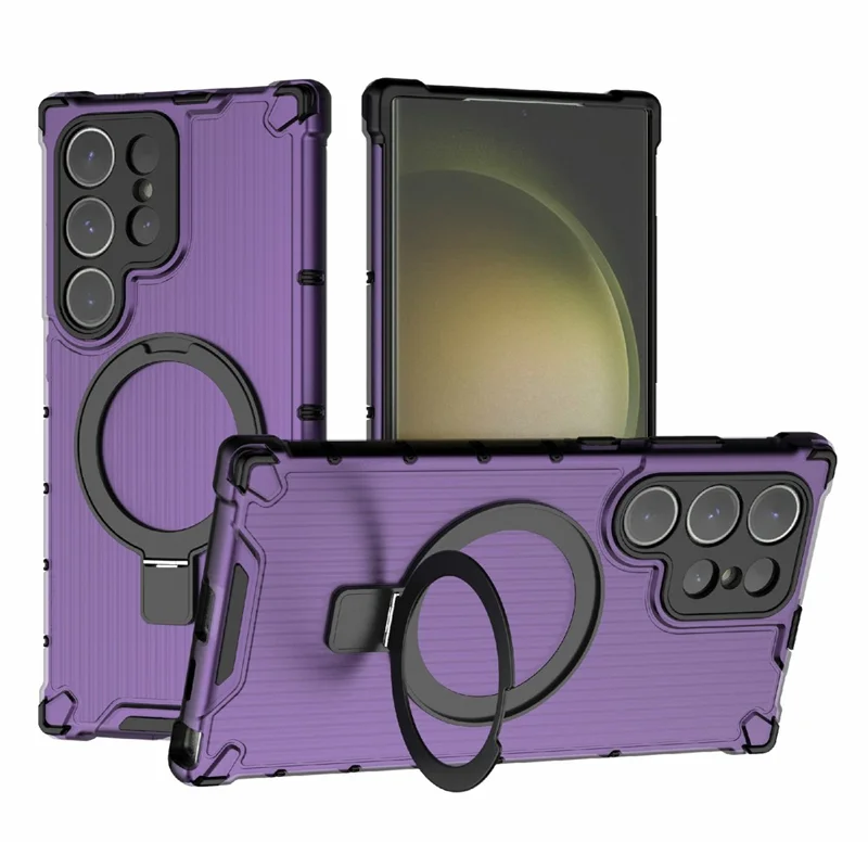 For Samsung Galaxy S24 Ultra Case with Magnetic Ring Holder Stripe Design PC+TPU Back Cover - Purple