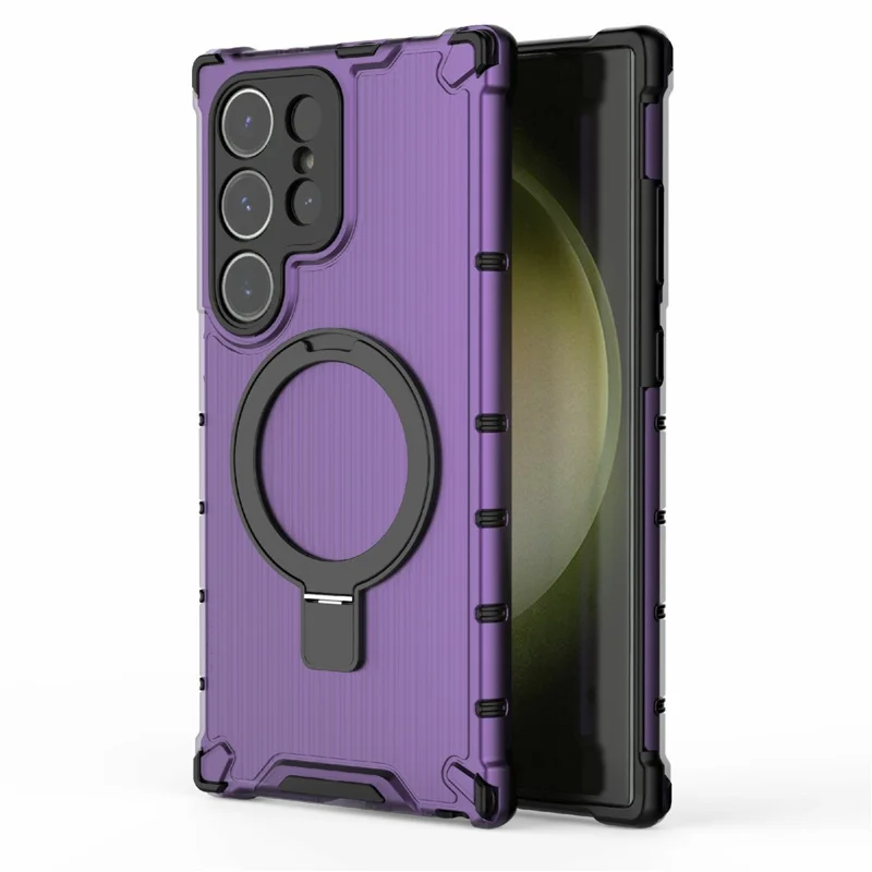 For Samsung Galaxy S24 Ultra Case with Magnetic Ring Holder Stripe Design PC+TPU Back Cover - Purple