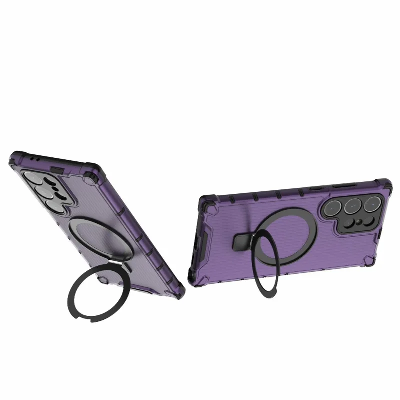 For Samsung Galaxy S24 Ultra Case with Magnetic Ring Holder Stripe Design PC+TPU Back Cover - Purple