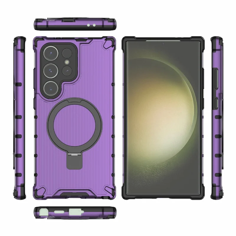 For Samsung Galaxy S24 Ultra Case with Magnetic Ring Holder Stripe Design PC+TPU Back Cover - Purple