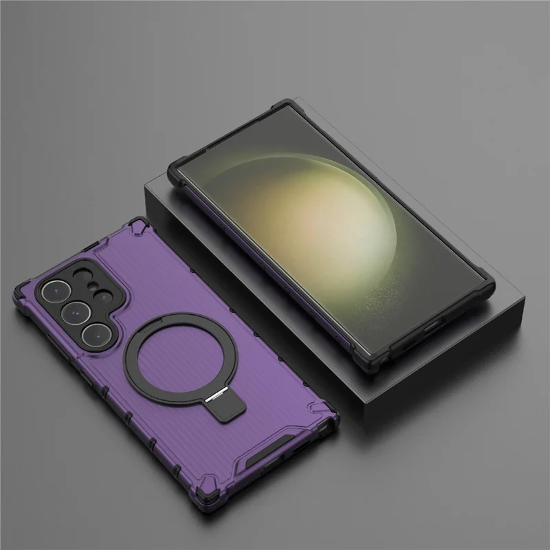 For Samsung Galaxy S24 Ultra Case with Magnetic Ring Holder Stripe Design PC+TPU Back Cover - Purple