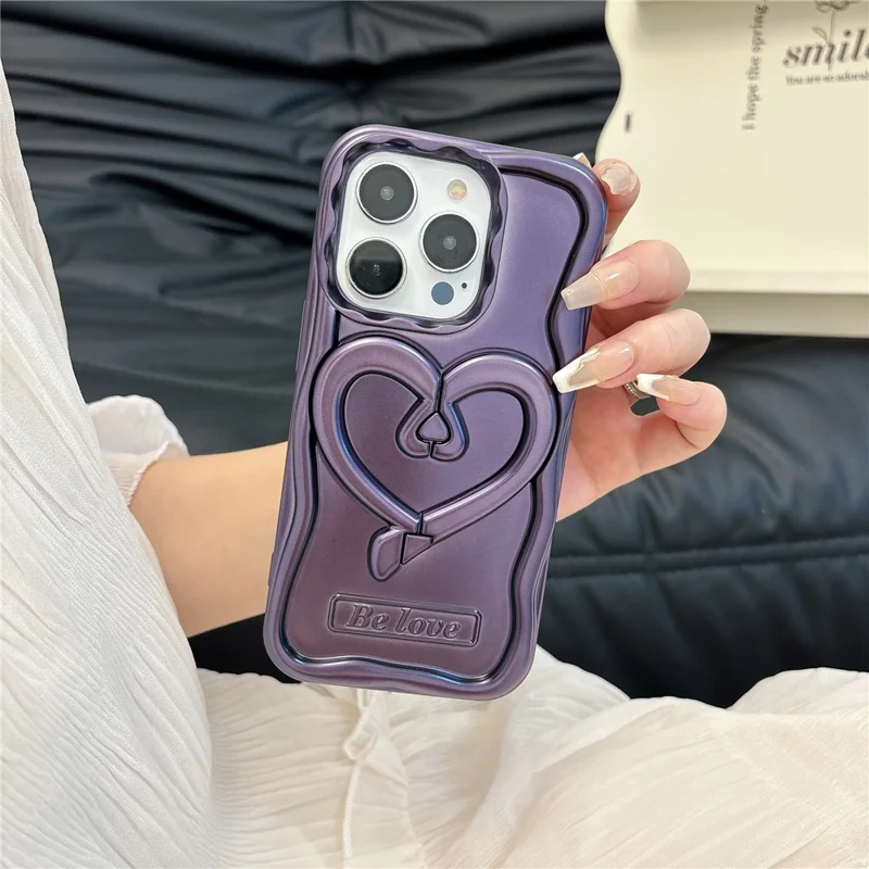 For iPhone 13 Pro Max 6.7 inch Cover Heart Shape Kickstand TPU Electroplated Cell Phone Case - Purple
