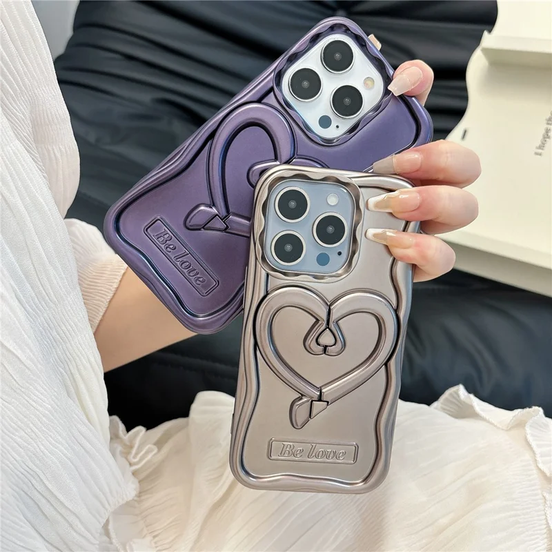 For iPhone 13 Pro Max 6.7 inch Cover Heart Shape Kickstand TPU Electroplated Cell Phone Case - Purple