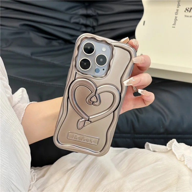 Pour iPhone 13 Pro Anti-Fall Cover Heart Shape PC Kickstand Electroplated TPU Phone Case - Titanium Grey