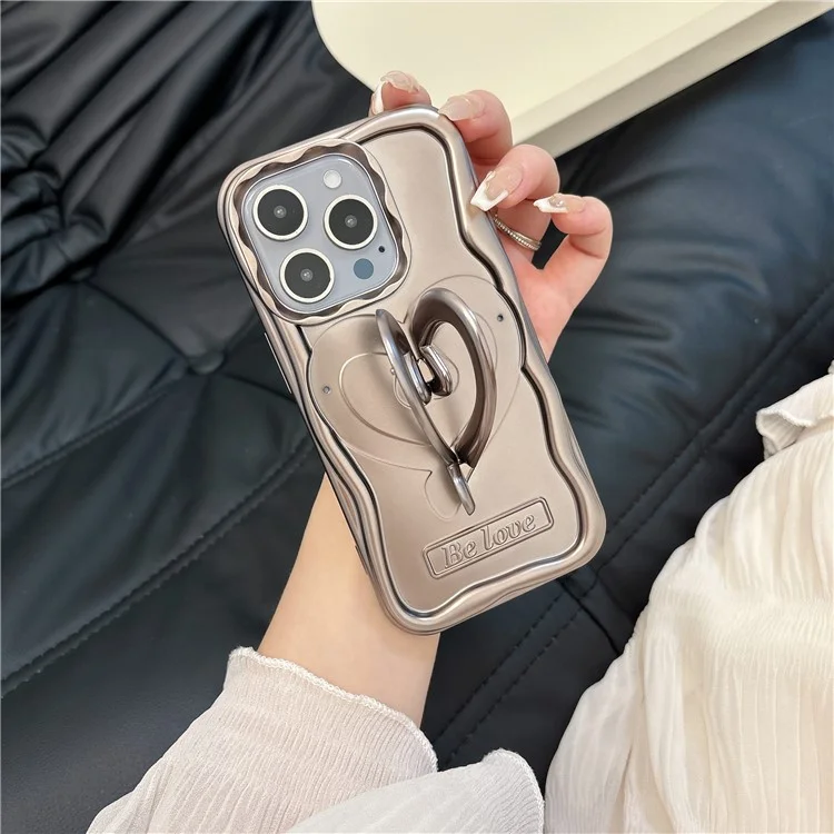 Pour iPhone 13 Pro Anti-Fall Cover Heart Shape PC Kickstand Electroplated TPU Phone Case - Titanium Grey
